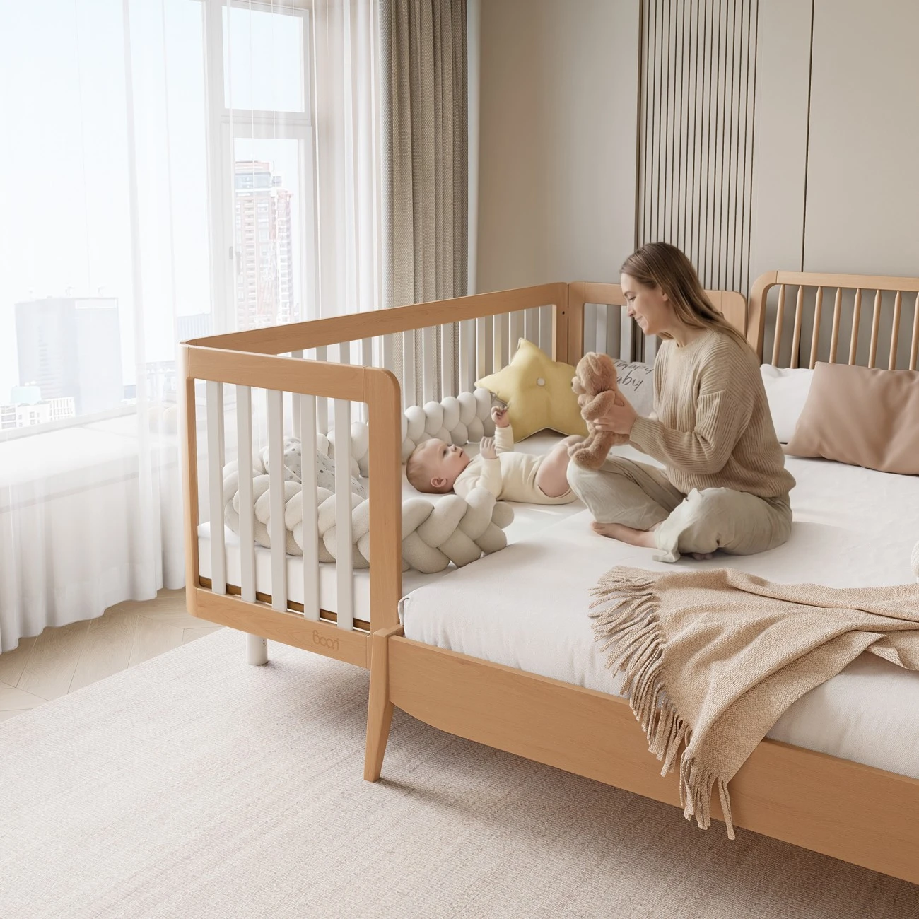 Bedside baby crib wholesale supplier with solid wood slatted guardrail and zero-gap attachment. Bedside baby crib wholesale supplier with solid wood slatted guardrail and zero-gap attachment.