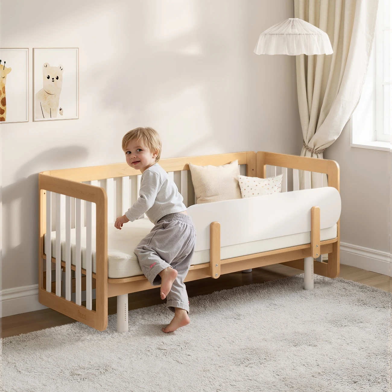 Solid wood toddler bed with safety guardrail for growing toddlers. Solid wood toddler bed with safety guardrail for growing toddlers.